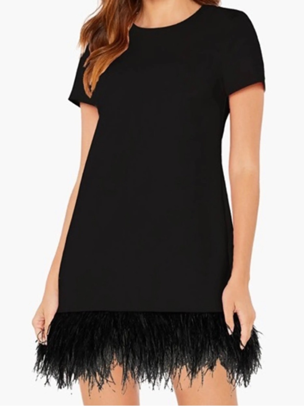 Likely Black Short Sleeve Feather Hem Mini Dress